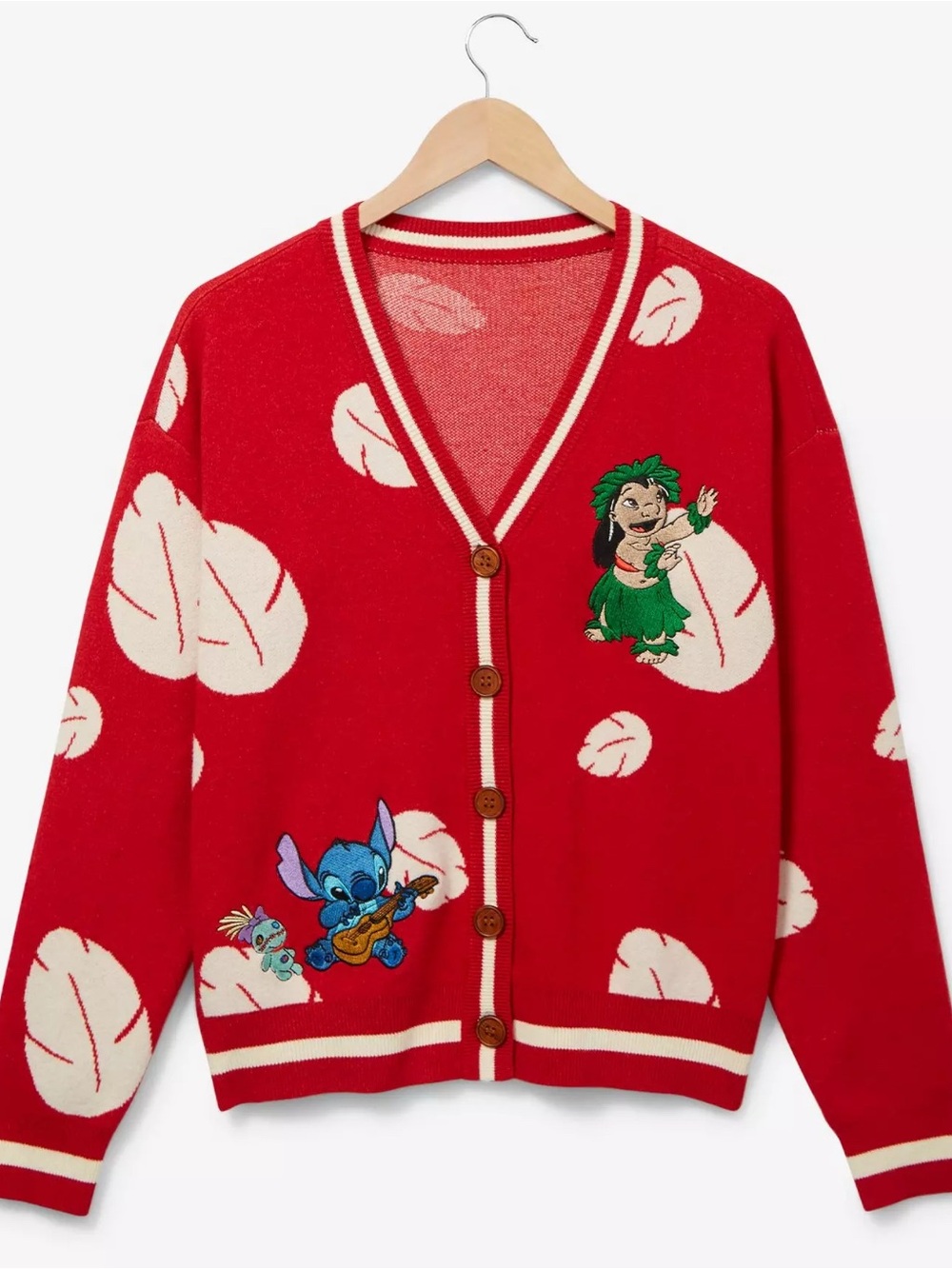 Disney Red Lilo & Stitch V-Neck Cardigan with White Leaf Motif
